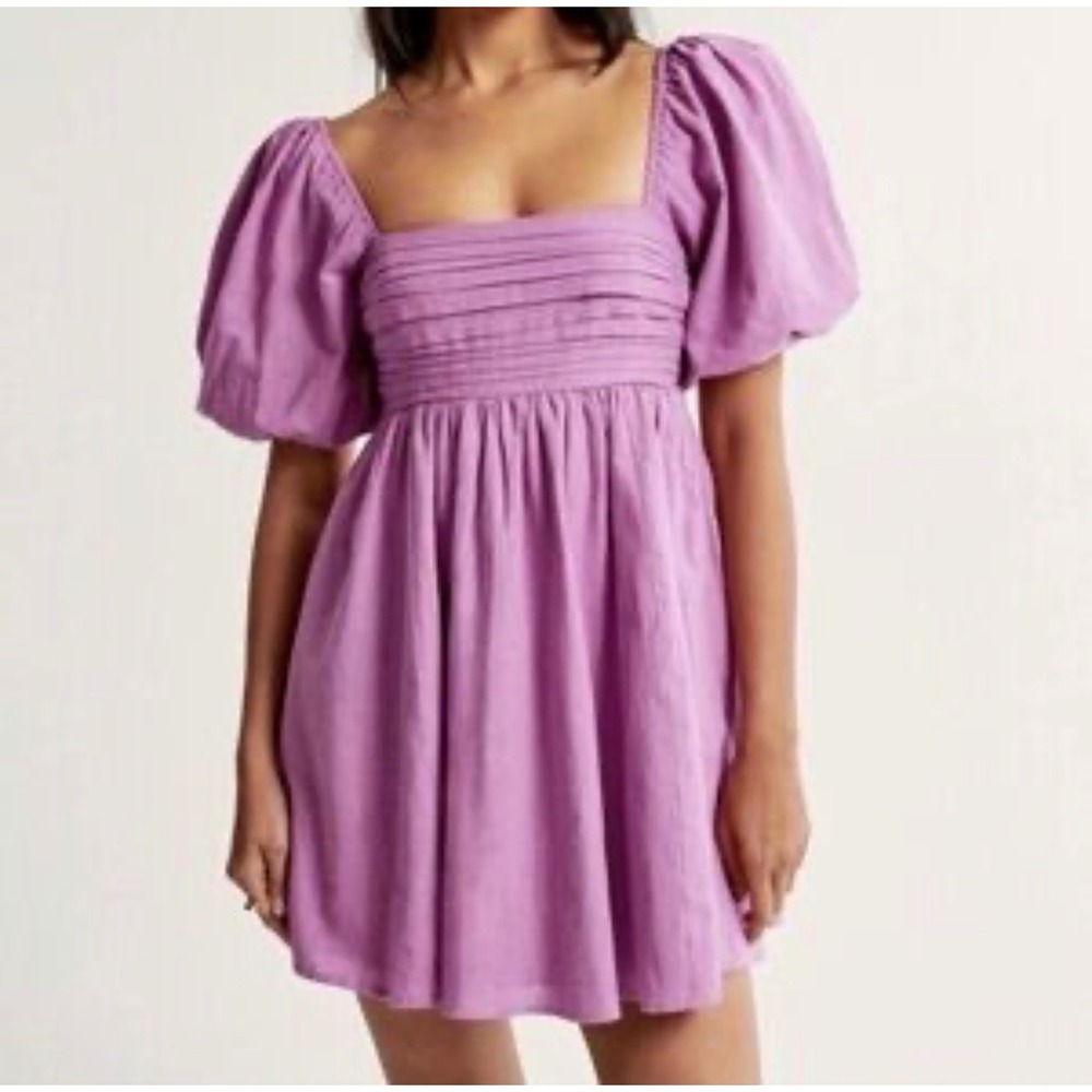 Abercrombie & Fitch Purple Linen Blend Puff Sleeve Mini Dress Smocked Back LT